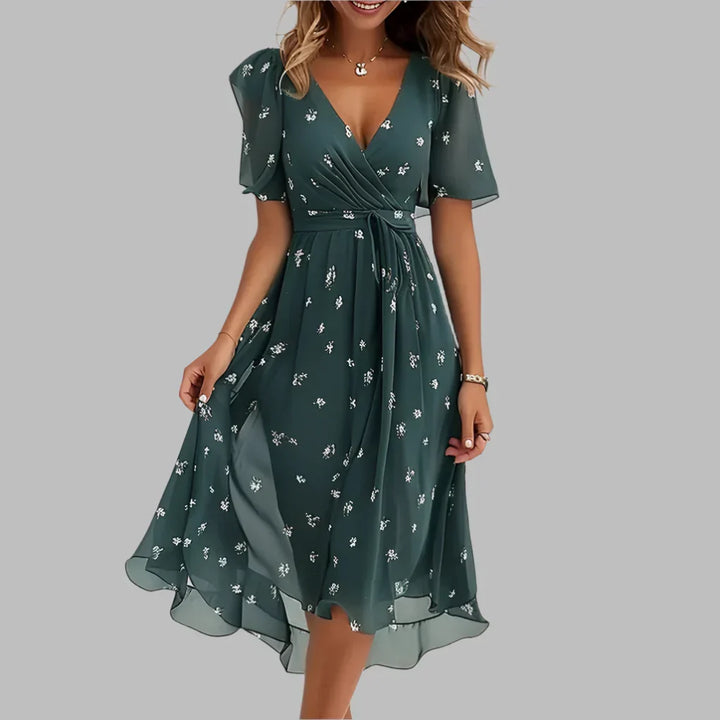 Sukienka midi w kwiaty z krótkim rękawem damska