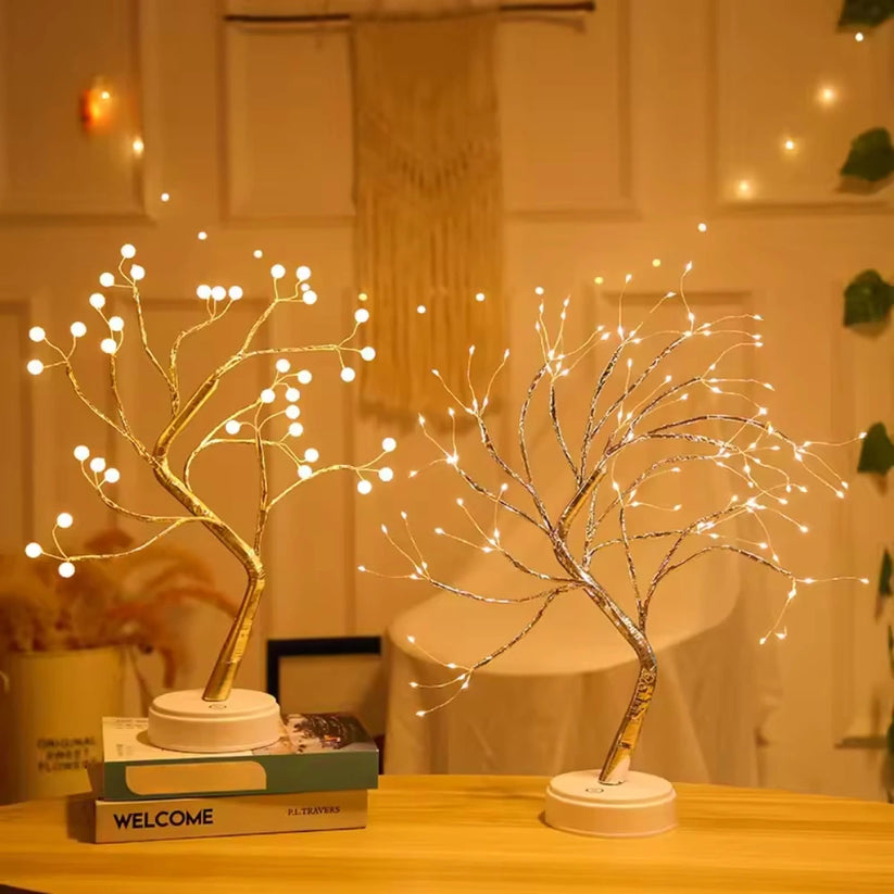 Dekoracyjna lampa LED w kształcie drzewka bonsai z giętkimi gałęziami z drutu i ciepłymi reflektorkami