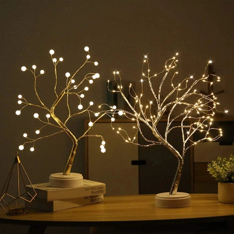 Dekoracyjna lampa LED w kształcie drzewka bonsai z giętkimi gałęziami z drutu i ciepłymi reflektorkami
