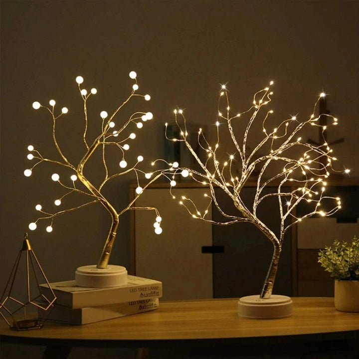 Dekoracyjna lampa LED w kształcie drzewka bonsai z giętkimi gałęziami z drutu i ciepłymi reflektorkami