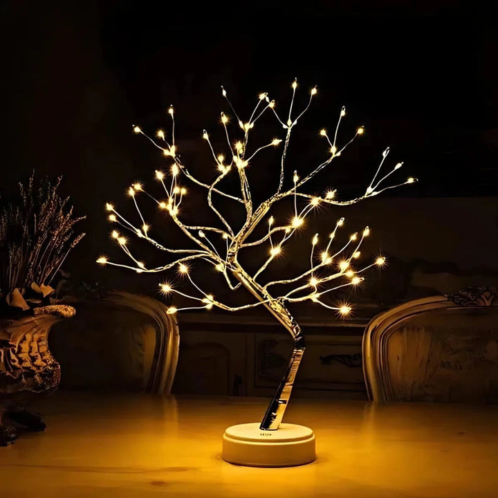 Dekoracyjna lampa LED w kształcie drzewka bonsai z giętkimi gałęziami z drutu i ciepłymi reflektorkami