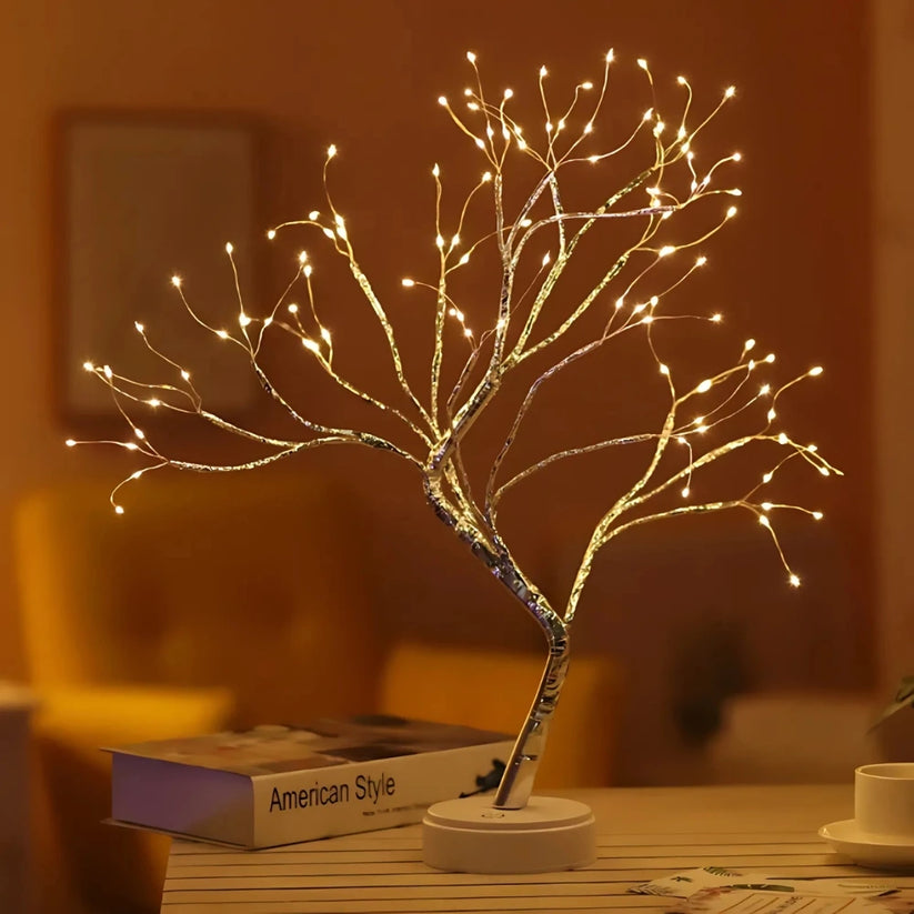 Dekoracyjna lampa LED w kształcie drzewka bonsai z giętkimi gałęziami z drutu i ciepłymi reflektorkami