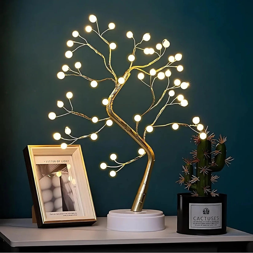 Dekoracyjna lampa LED w kształcie drzewka bonsai z giętkimi gałęziami z drutu i ciepłymi reflektorkami