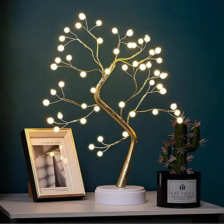 Dekoracyjna lampa LED w kształcie drzewka bonsai z giętkimi gałęziami z drutu i ciepłymi reflektorkami