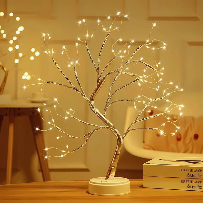 Dekoracyjna lampa LED w kształcie drzewka bonsai z giętkimi gałęziami z drutu i ciepłymi reflektorkami