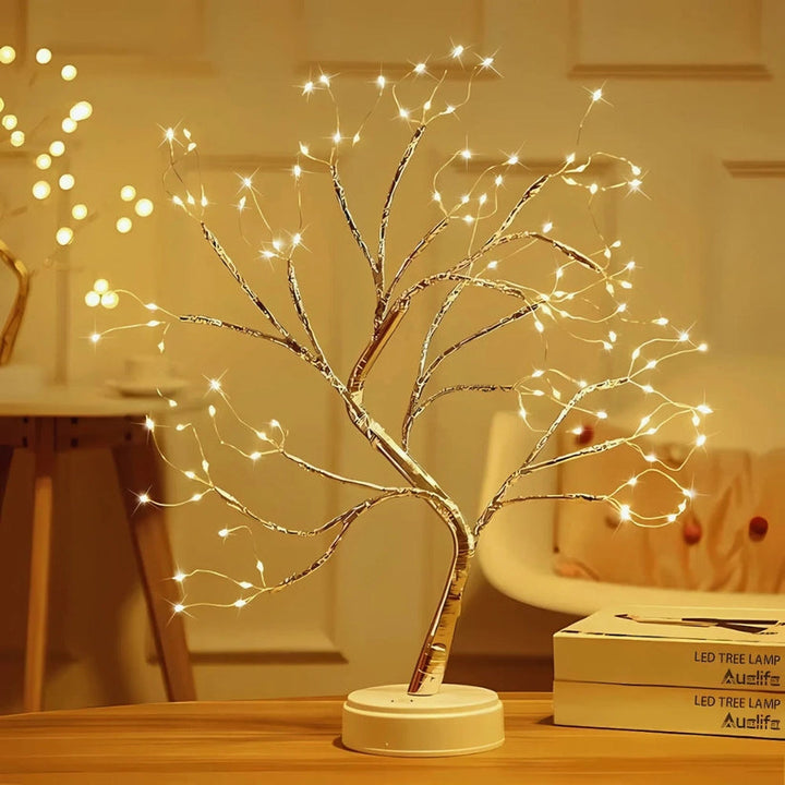 Dekoracyjna lampa LED w kształcie drzewka bonsai z giętkimi gałęziami z drutu i ciepłymi reflektorkami