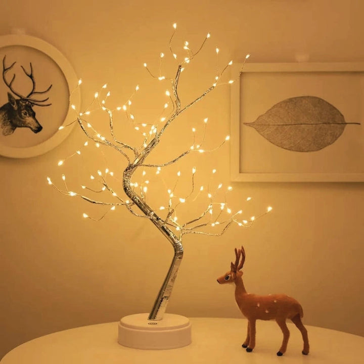 Dekoracyjna lampa LED w kształcie drzewka bonsai z giętkimi gałęziami z drutu i ciepłymi reflektorkami