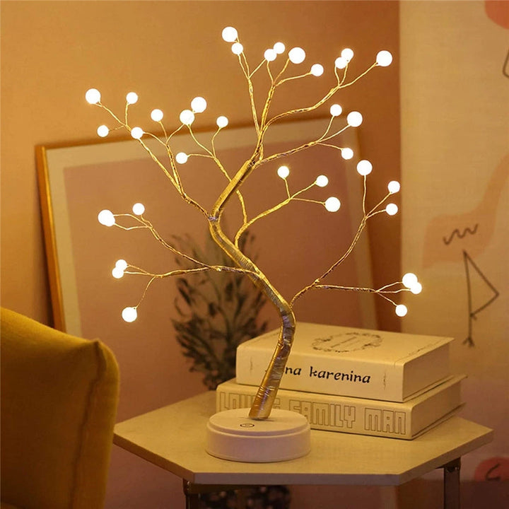 Dekoracyjna lampa LED w kształcie drzewka bonsai z giętkimi gałęziami z drutu i ciepłymi reflektorkami
