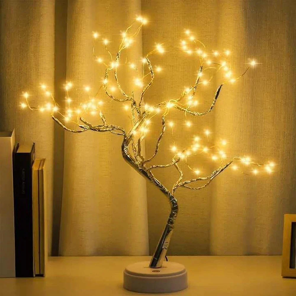 Dekoracyjna lampa LED w kształcie drzewka bonsai z giętkimi gałęziami z drutu i ciepłymi reflektorkami