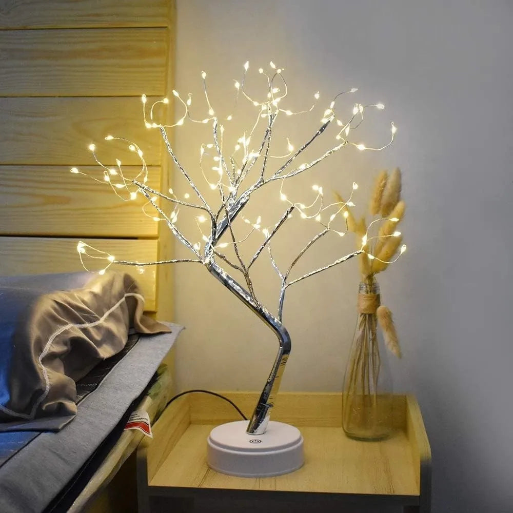 Dekoracyjna lampa LED w kształcie drzewka bonsai z giętkimi gałęziami z drutu i ciepłymi reflektorkami
