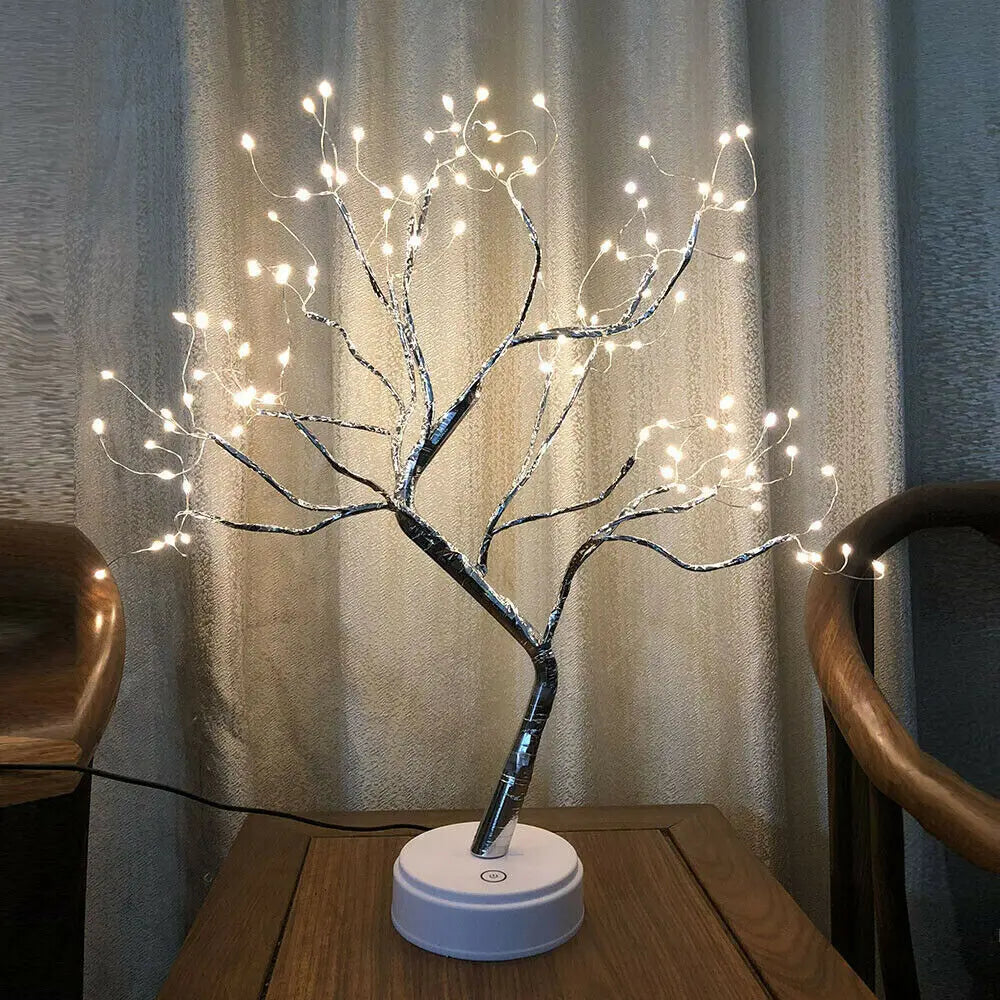 Dekoracyjna lampa LED w kształcie drzewka bonsai z giętkimi gałęziami z drutu i ciepłymi reflektorkami