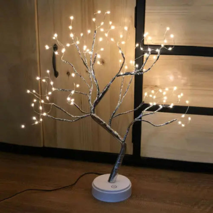 Dekoracyjna lampa LED w kształcie drzewka bonsai z giętkimi gałęziami z drutu i ciepłymi reflektorkami