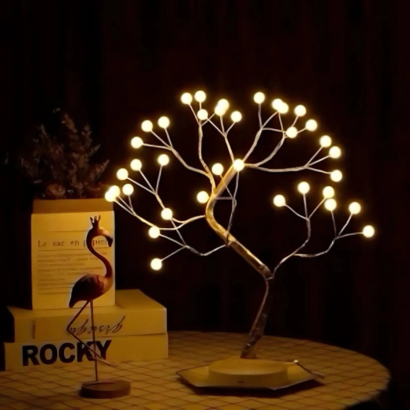 Dekoracyjna lampa LED w kształcie drzewka bonsai z giętkimi gałęziami z drutu i ciepłymi reflektorkami