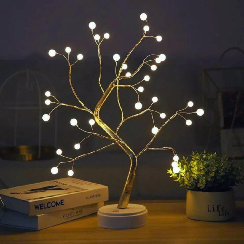 Dekoracyjna lampa LED w kształcie drzewka bonsai z giętkimi gałęziami z drutu i ciepłymi reflektorkami