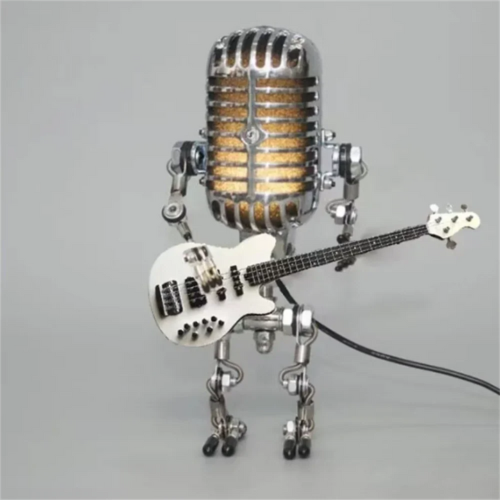 Dekoracyjna lampa LED w kształcie mikrofonu z figurką gitarzysty