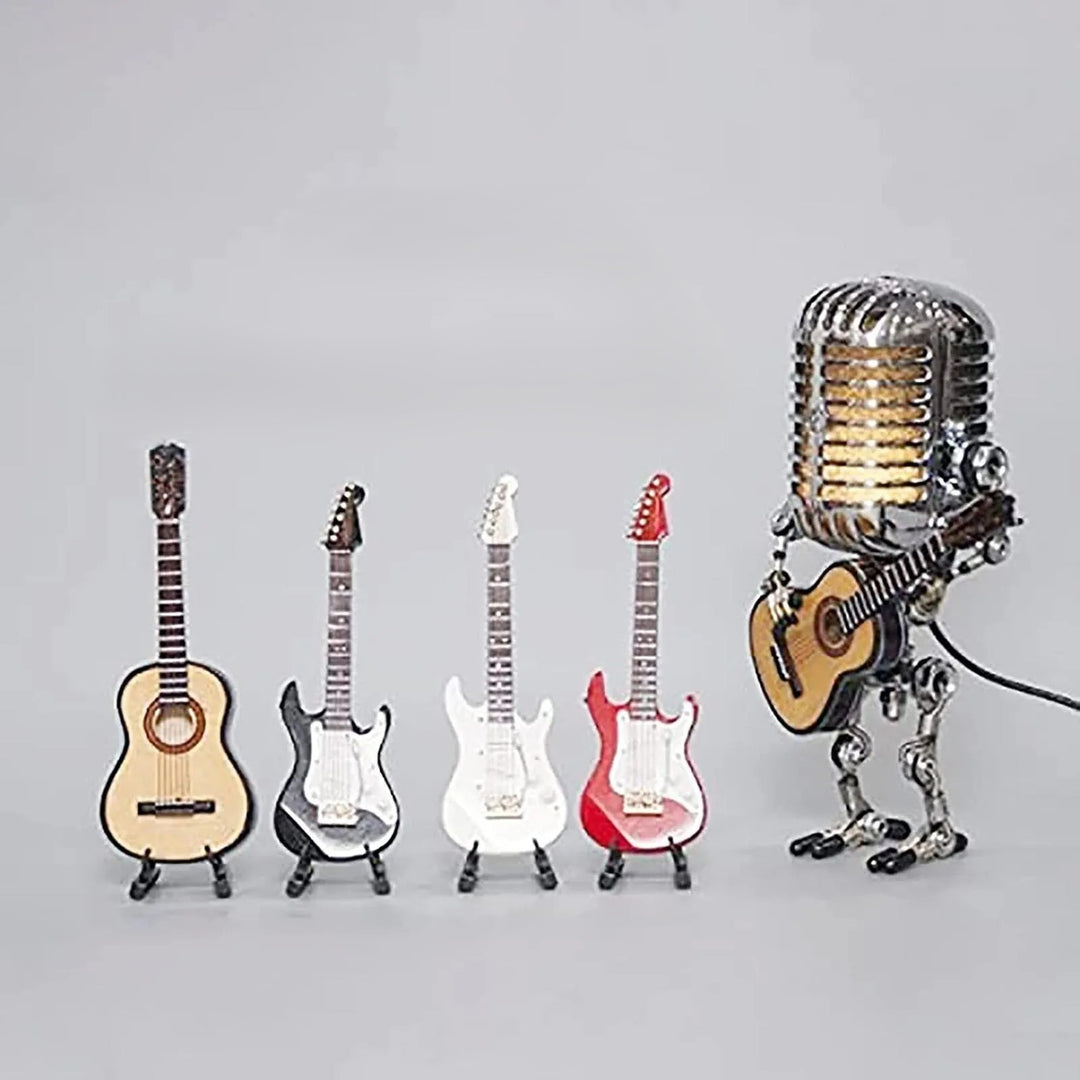 Dekoracyjna lampa LED w kształcie mikrofonu z figurką gitarzysty
