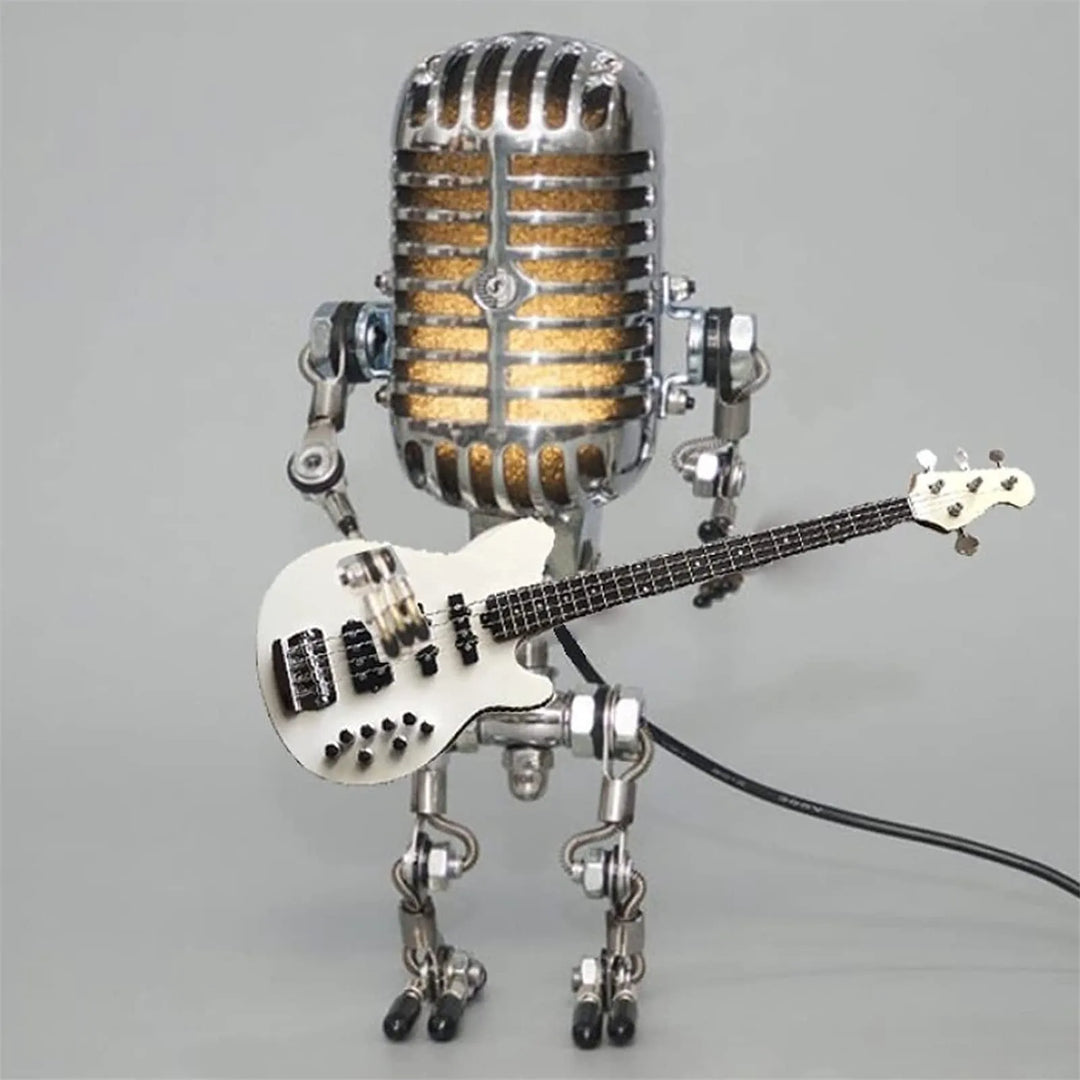 Dekoracyjna lampa LED w kształcie mikrofonu z figurką gitarzysty