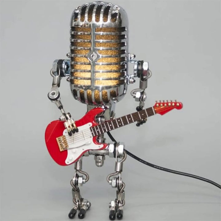 Dekoracyjna lampa LED w kształcie mikrofonu z figurką gitarzysty
