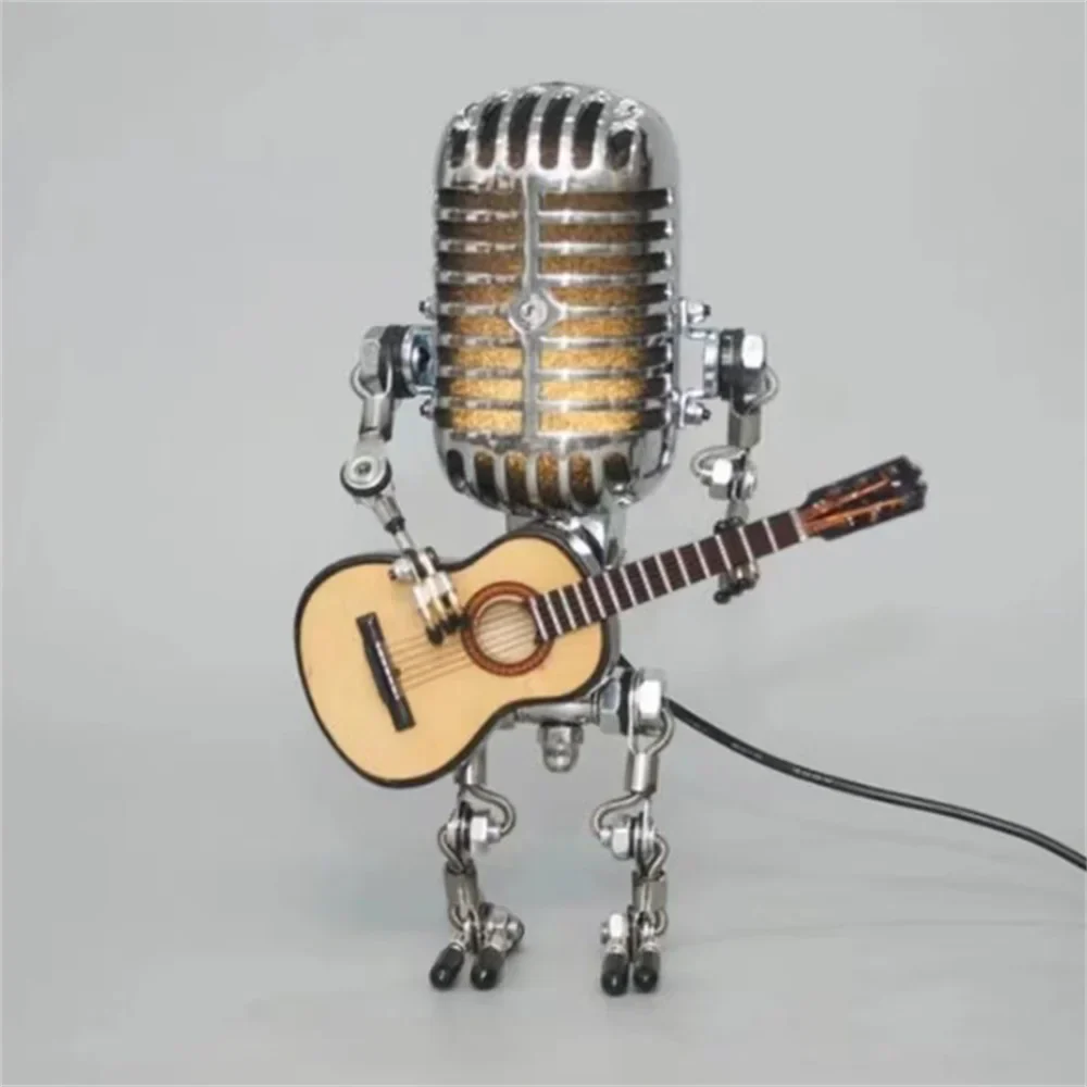 Dekoracyjna lampa LED w kształcie mikrofonu z figurką gitarzysty