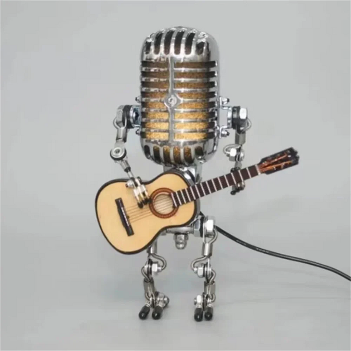Dekoracyjna lampa LED w kształcie mikrofonu z figurką gitarzysty