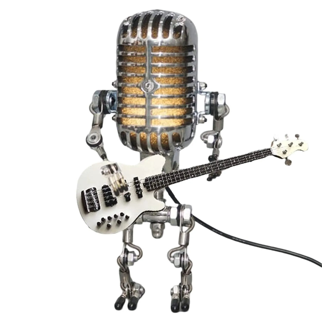 Dekoracyjna lampa LED w kształcie mikrofonu z figurką gitarzysty