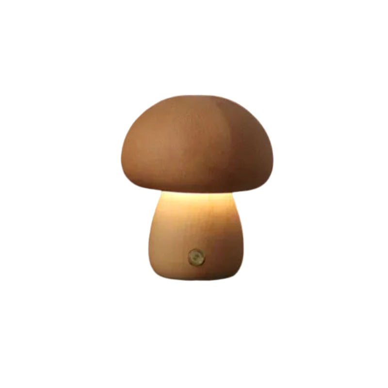 Drewniana lampka stołowa w kształcie grzybka z przyciskiem