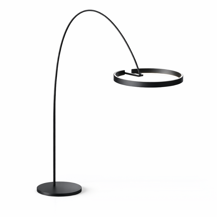 Lampa Podłogowa LED z Okrągłą Oprawą Świetlną i Smukłym Łukowym Ramieniem