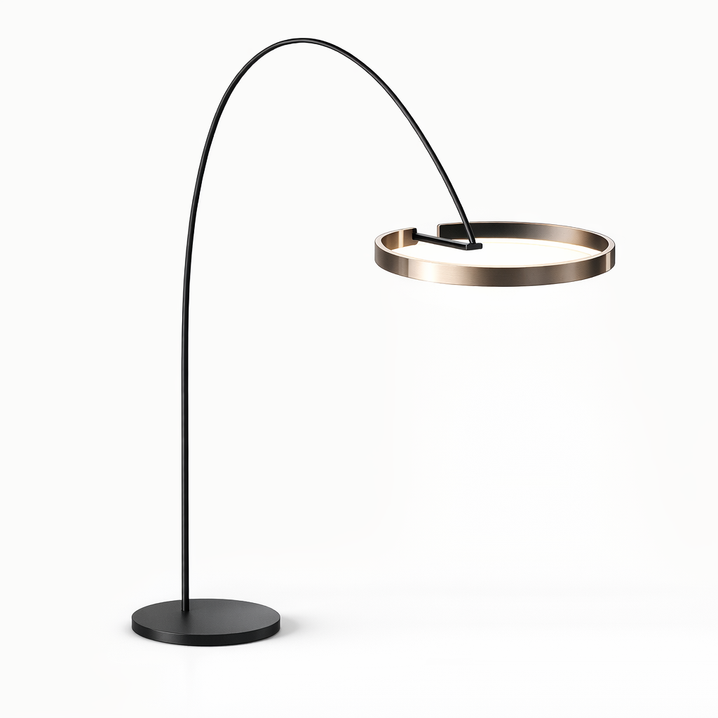 Lampa Podłogowa LED z Okrągłą Oprawą Świetlną i Smukłym Łukowym Ramieniem