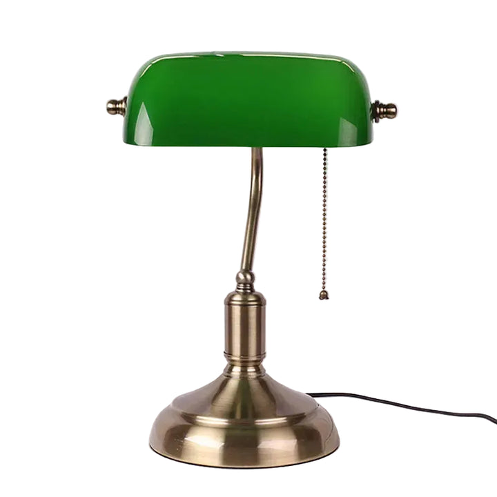 Lampa biurkowa w stylu bankiera z kloszem szklanym i podstawą mosiężną