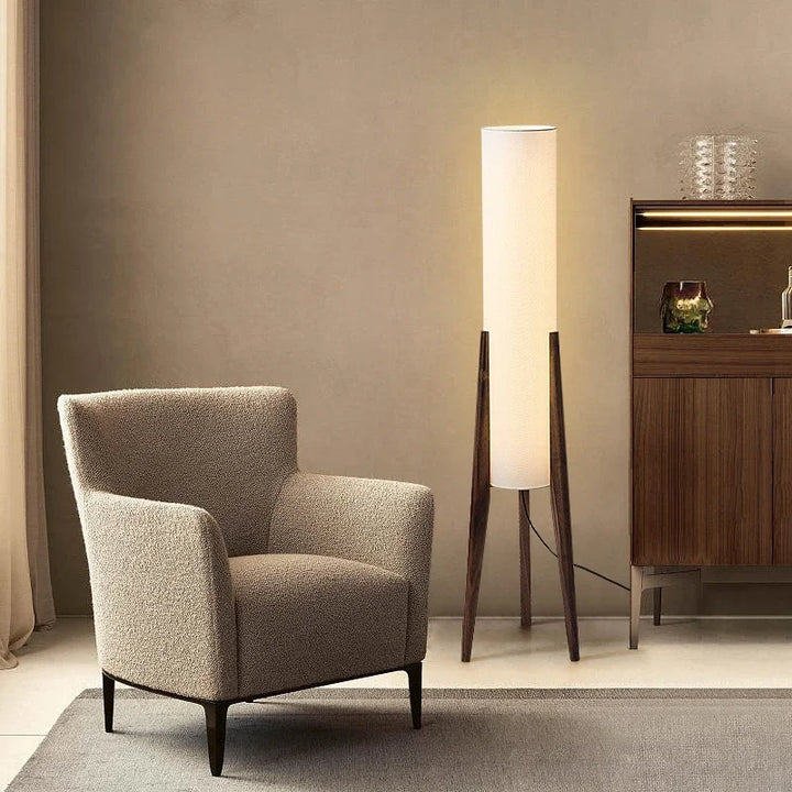 Lampa podłogowa na trójnogu z cylindrycznym kloszem LED