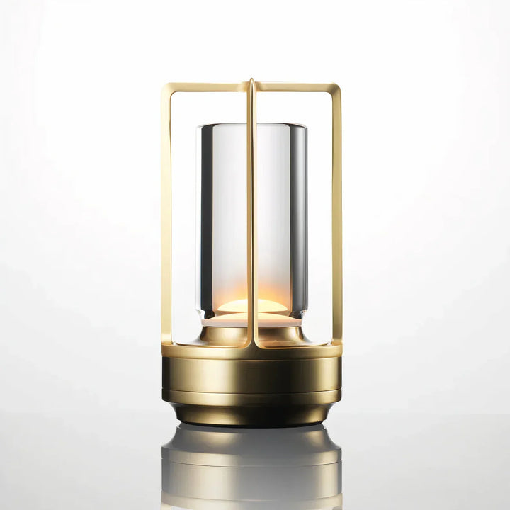 Lampa stołowa LED w kształcie latarni z cylindrycznym szklanym kloszem i prostokątną metalową ramą