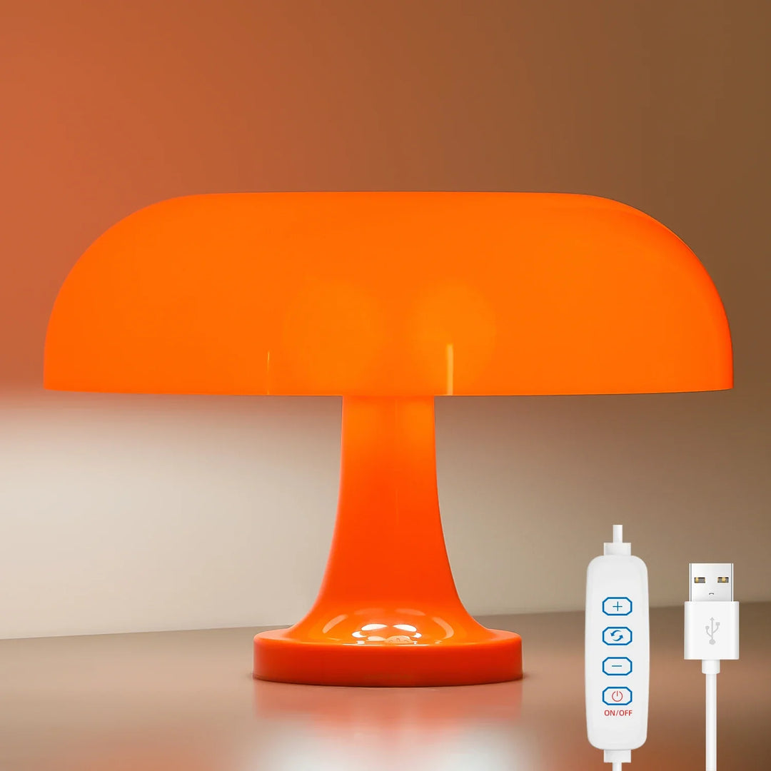 Lampa stołowa LED z kloszem w kształcie grzybka i wklęsłym blatem na smukłej nodze