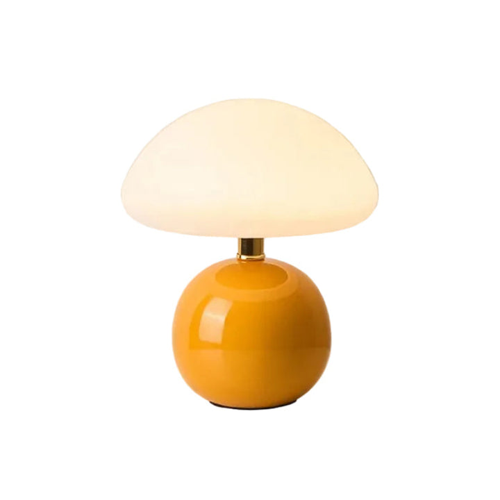 Lampa stołowa LED z płaskim opalowym kloszem kopułowym na kulistej podstawie