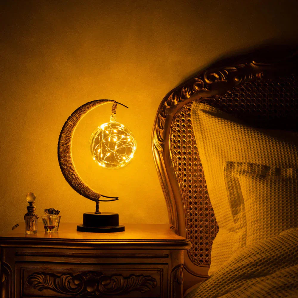 Lampa stołowa LED z podświetlaną kulą i ramką w kształcie półksiężyca