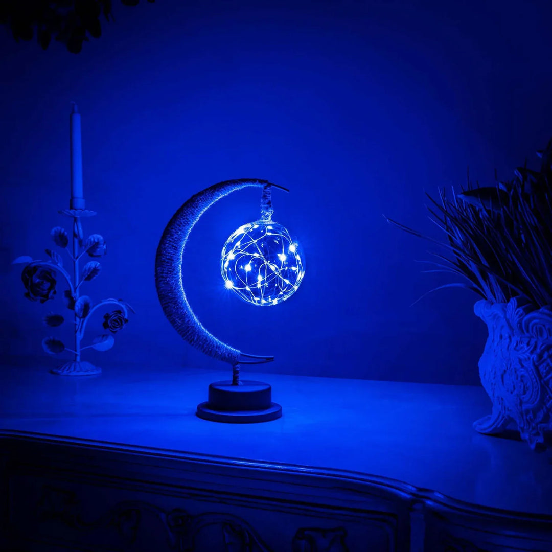 Lampa stołowa LED z podświetlaną kulą i ramką w kształcie półksiężyca