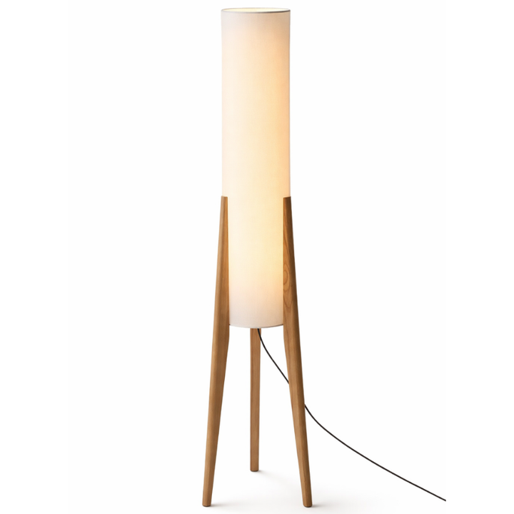 Lampa stojąca z cylindrycznym kloszem i drewnianą podstawą