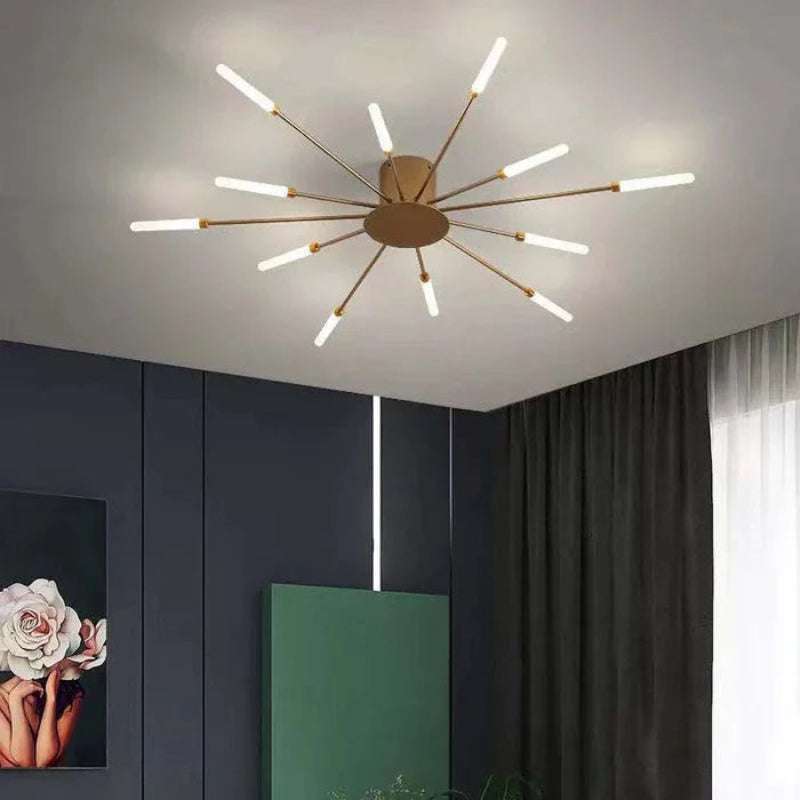 Lampa sufitowa LED do salonu z metalowymi ramionami i żarówkami rurowymi