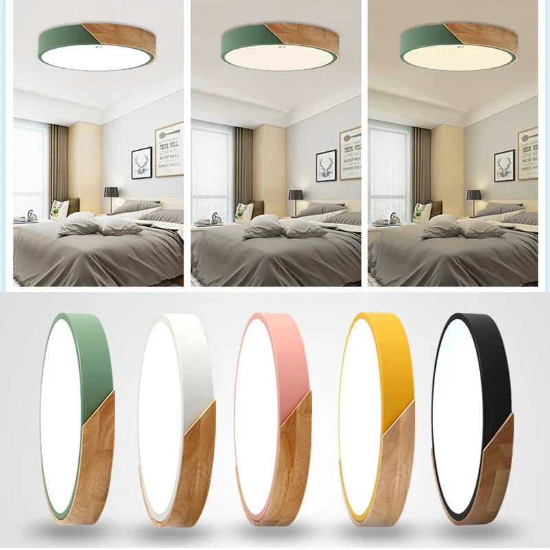 Lampa sufitowa LED z okrągłym kloszem i drewnianym łukowym akcentem
