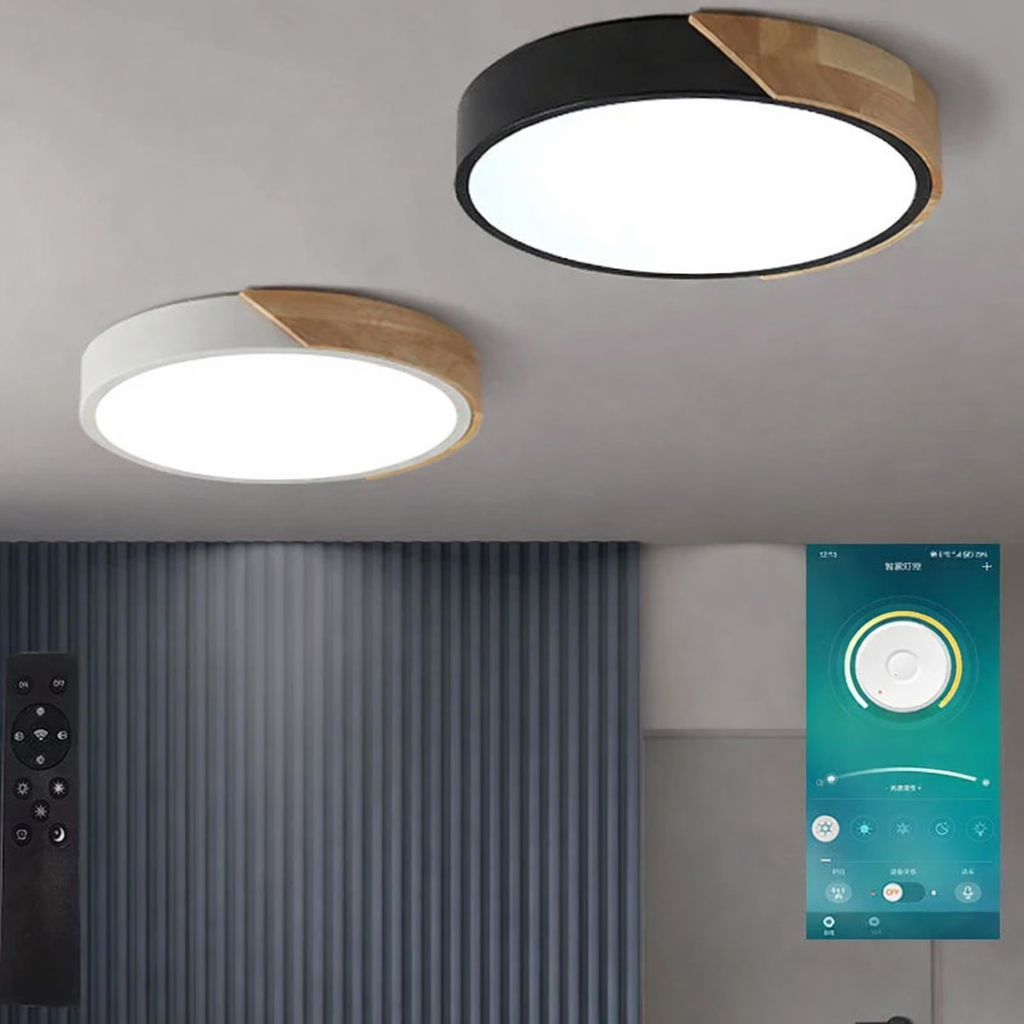 Lampa sufitowa LED z okrągłym kloszem i drewnianym łukowym akcentem