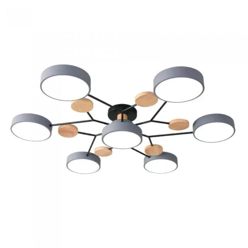 Lampa sufitowa LED z okrągłymi kloszami na rozgałęzionych ramionach z drewnianymi akcentami