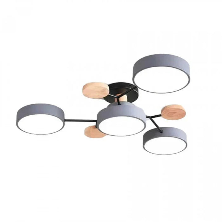 Lampa sufitowa LED z okrągłymi kloszami na rozgałęzionych ramionach z drewnianymi akcentami