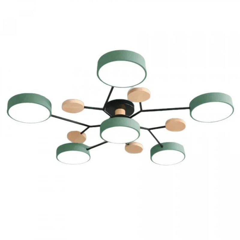 Lampa sufitowa LED z okrągłymi kloszami na rozgałęzionych ramionach z drewnianymi akcentami