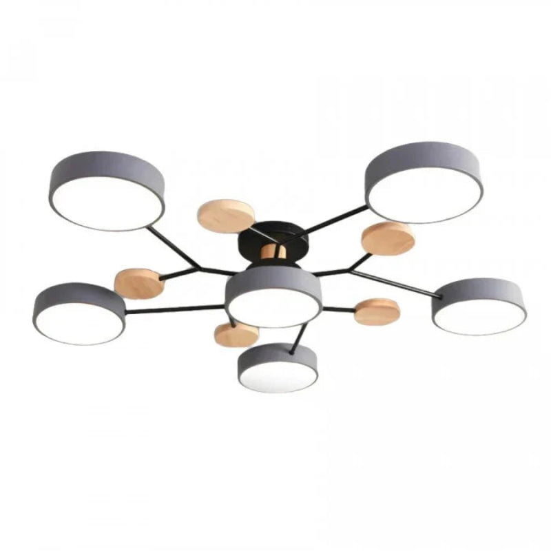 Lampa sufitowa LED z okrągłymi kloszami na rozgałęzionych ramionach z drewnianymi akcentami