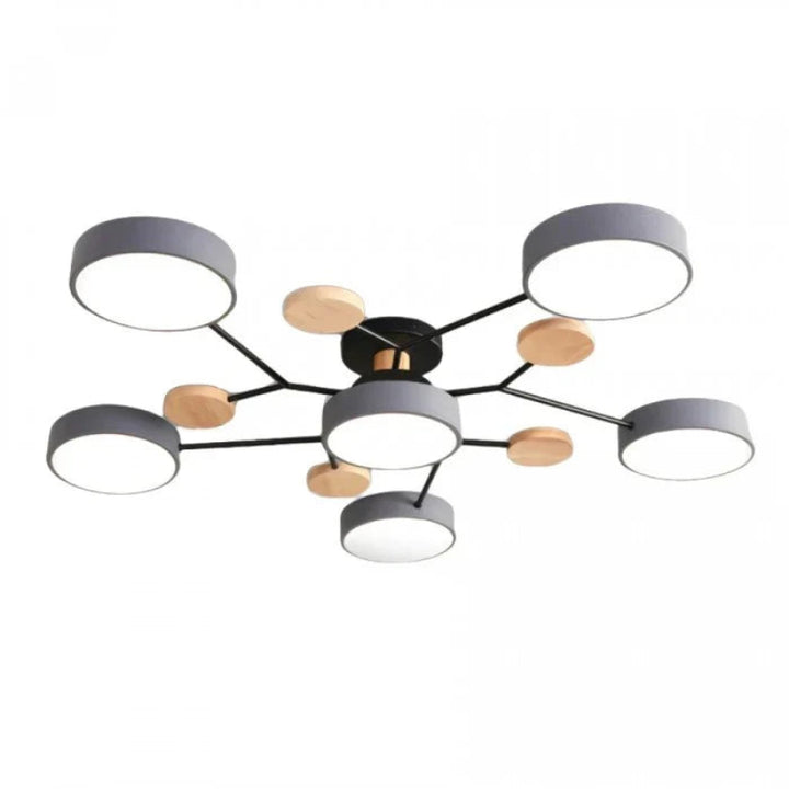 Lampa sufitowa LED z okrągłymi kloszami na rozgałęzionych ramionach z drewnianymi akcentami