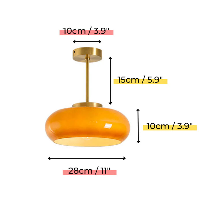 Lampa sufitowa LED z owalnym szklanym kloszem na trzonku ze złotego mosiądzu