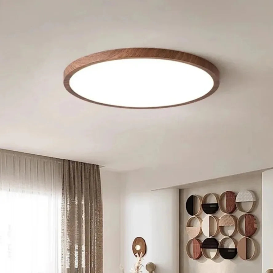 Lampa sufitowa LED z ultrapłaskim okrągłym panelem w drewnianej ramie