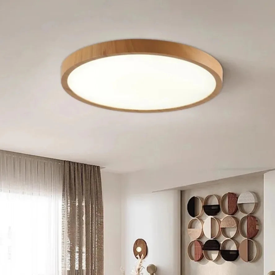 Lampa sufitowa LED z ultrapłaskim okrągłym panelem w drewnianej ramie