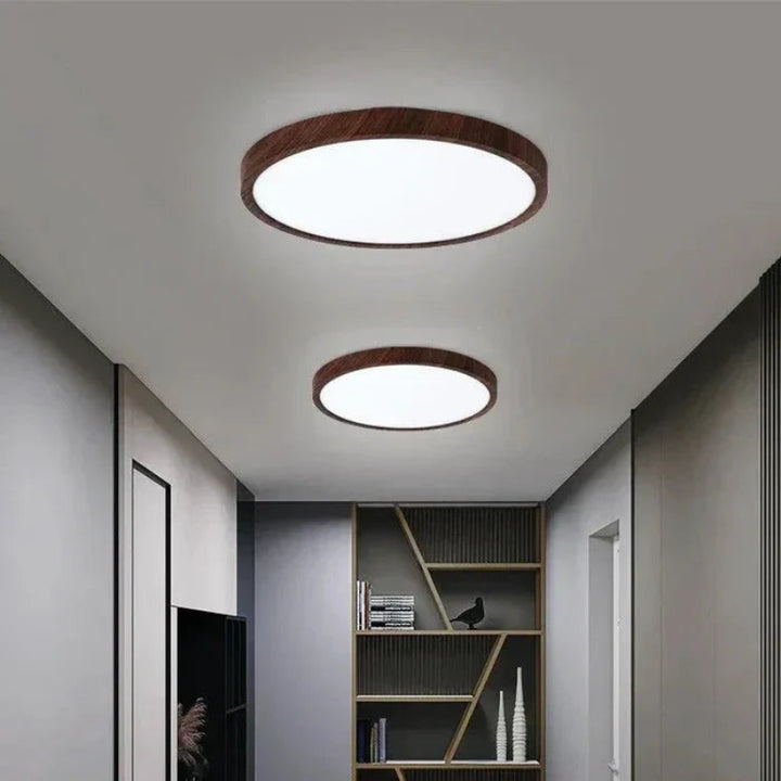 Lampa sufitowa LED z ultrapłaskim okrągłym panelem w drewnianej ramie