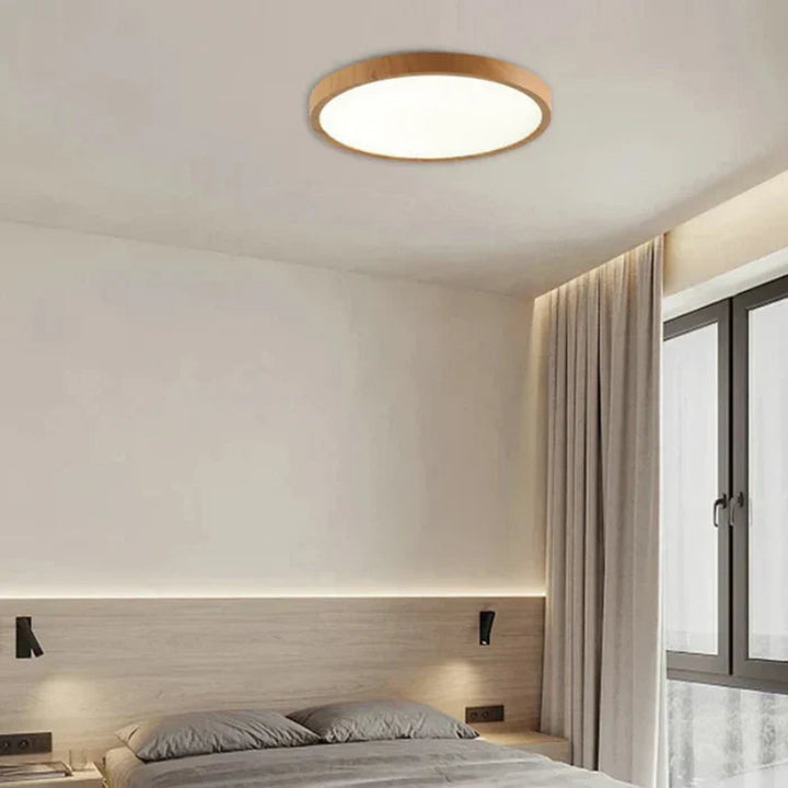 Lampa sufitowa LED z ultrapłaskim okrągłym panelem w drewnianej ramie