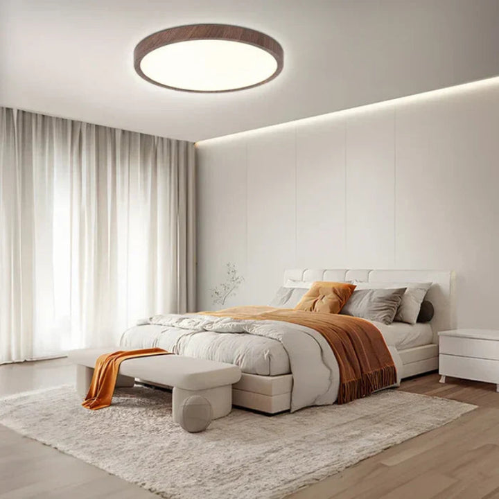 Lampa sufitowa LED z ultrapłaskim okrągłym panelem w drewnianej ramie